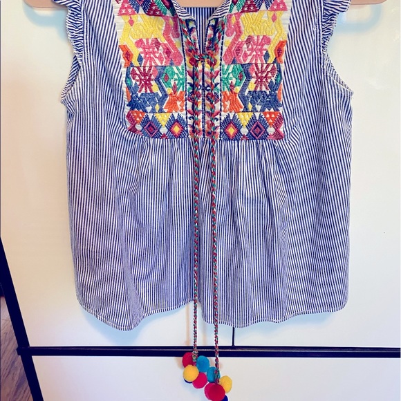 Shein Boho Pom Pom Tie Festive Seersucker Blouse - Picture 6 of 16